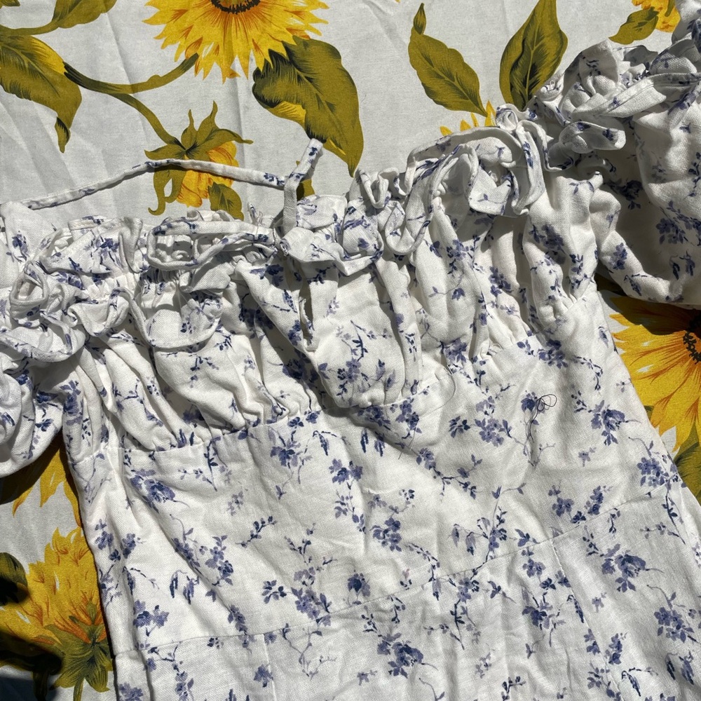 Miss Circle Floral Linen High Slit Off-Shoulder Midi Dress